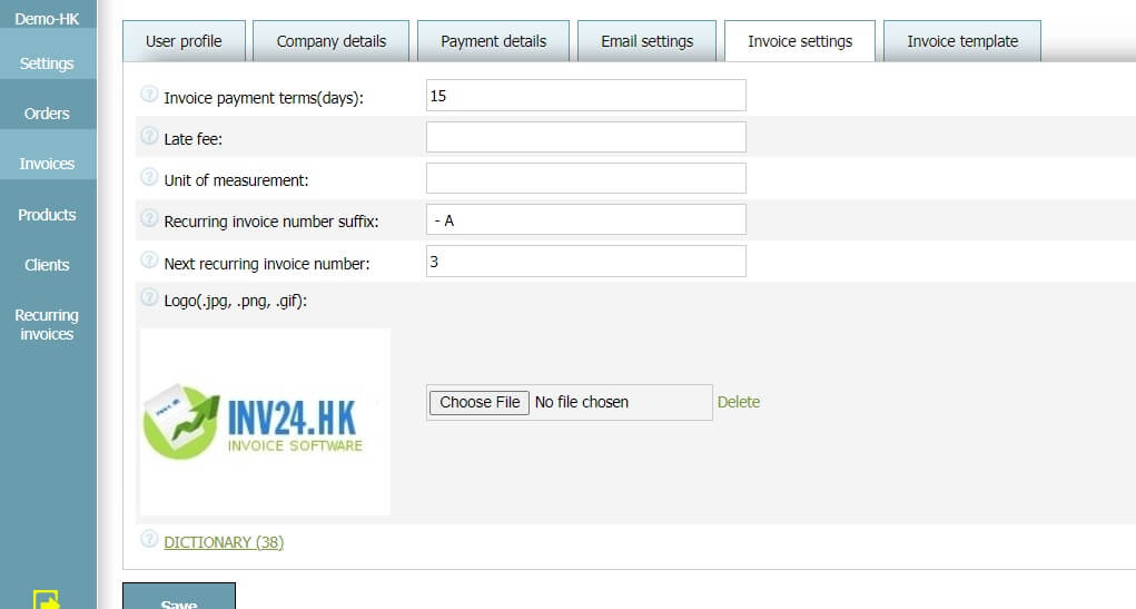 Invoice settings
