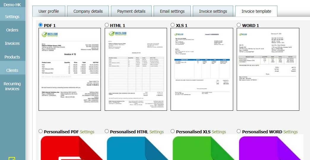 User profile - Invoice template