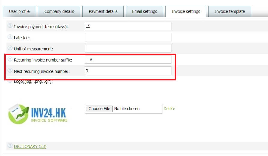 In invoice settings you can set 2 parameters for recurring invoices: