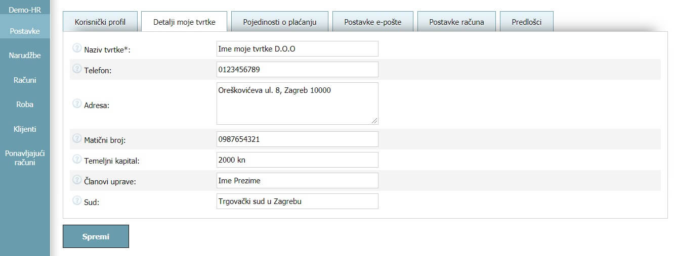 Korisnički profil - Detalji moje tvrtke