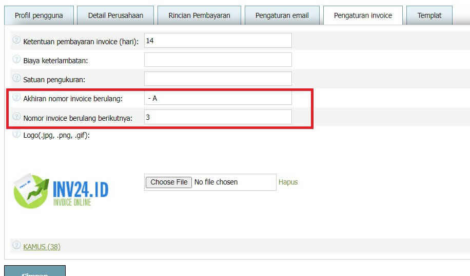 Dalam pengaturan invoice Anda dapat mengatur 2 parameter untuk invoice berulang: