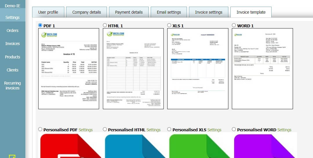 User profile - Invoice template