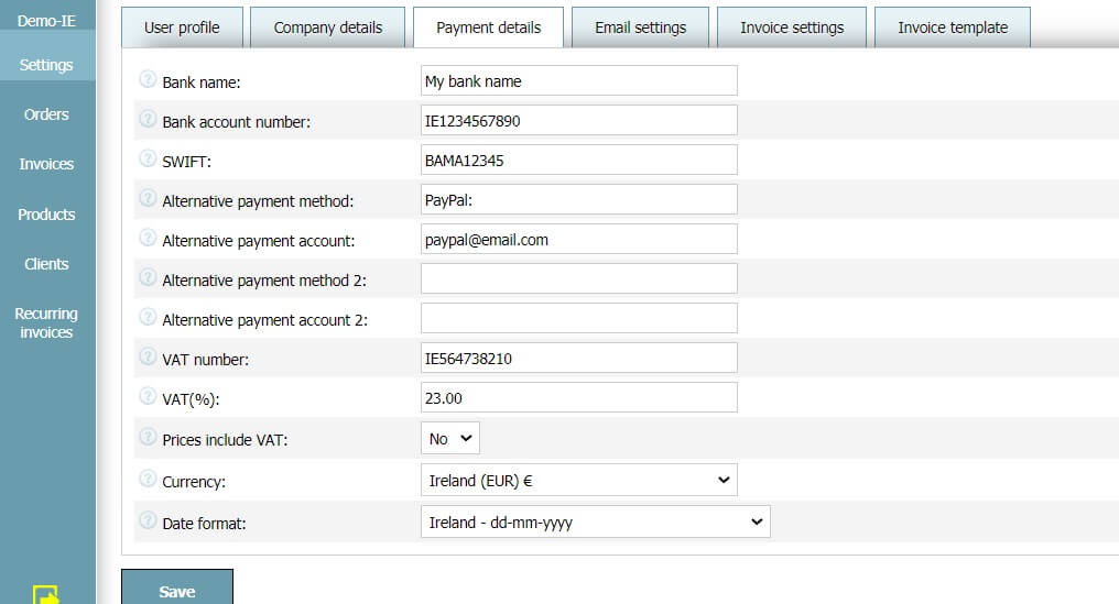 User profile - Payment details