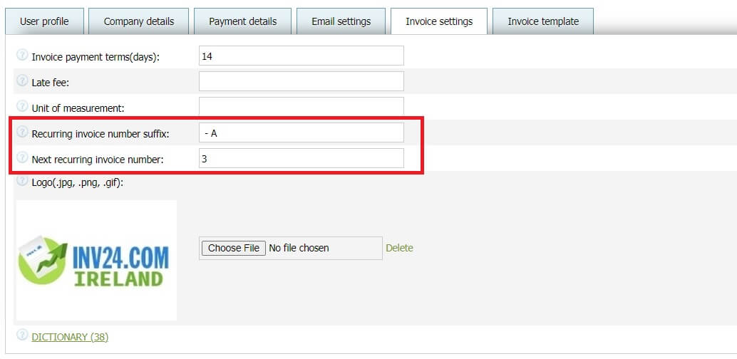 In invoice settings you can set 2 parameters for recurring invoices: