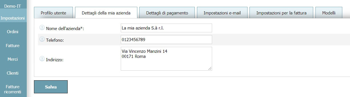 Profilo utente - Dettagli della mia azienda Profilo utente - Dettagli della mia azienda