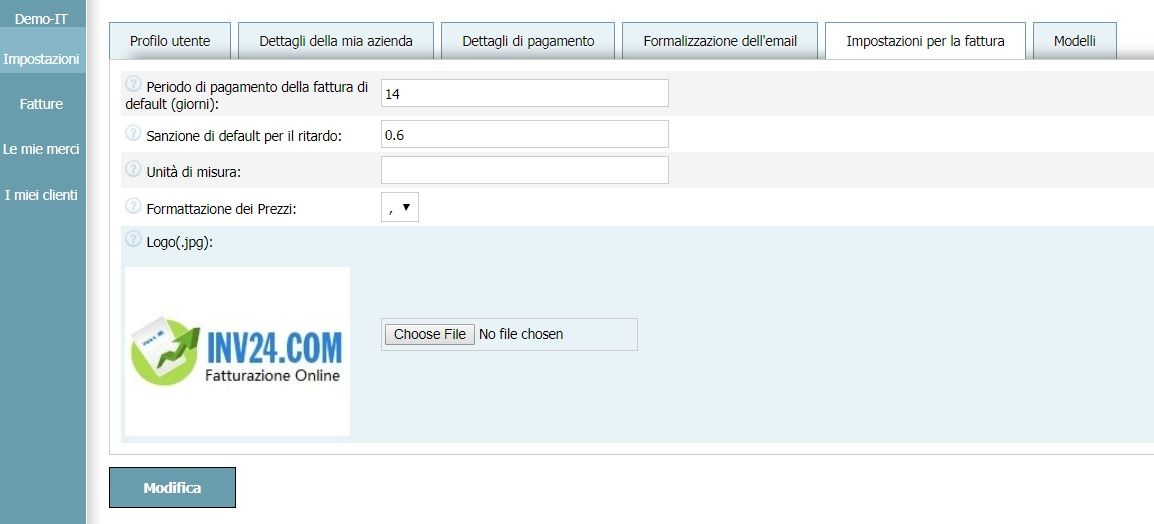 Impostazioni per la fattura