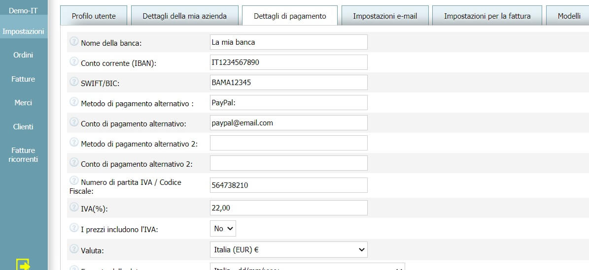 Profilo utente - Dettagli di pagamento