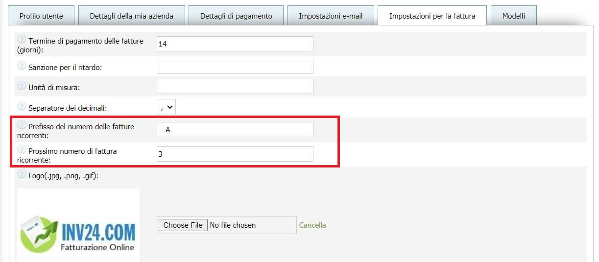 Nelle impostazioni della fattura puoi impostare 2 parametri per le fatture ricorrenti:

