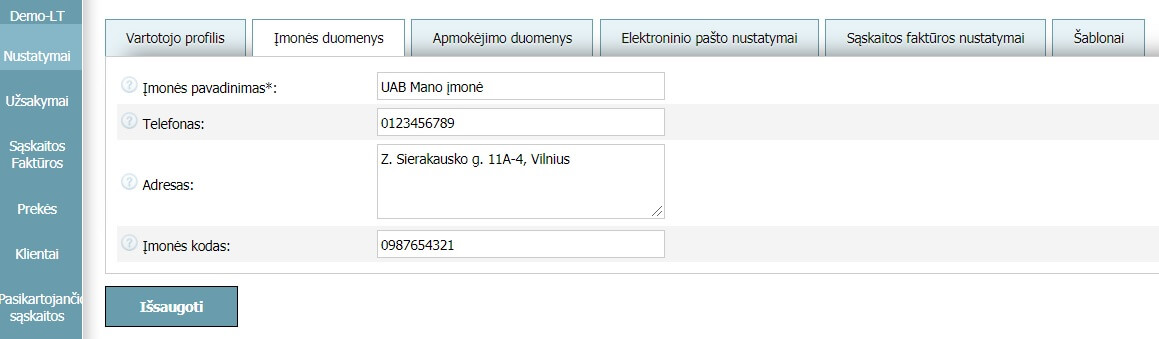 Vartotojo profilis - Įmonės duomenys Vartotojo profilis - Įmonės duomenys