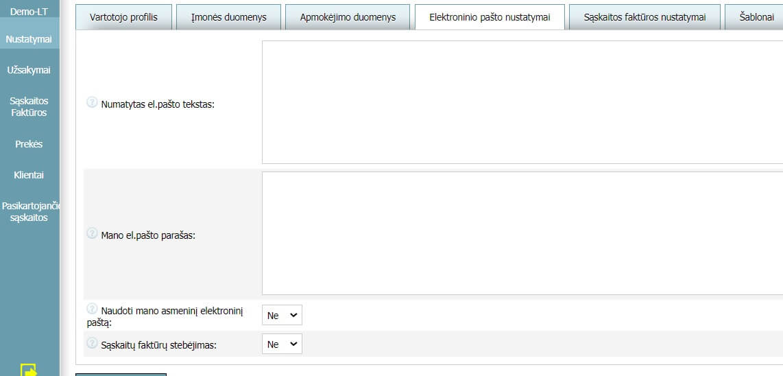 Vartotojo profilis - Elektroninio pašto nustatymai Vartotojo profilis - Elektroninio pašto nustatymai