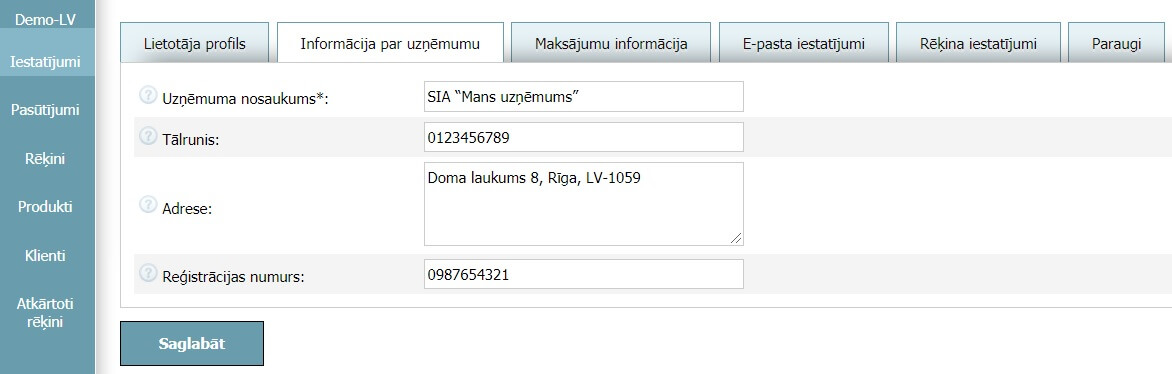 Lietotāja profils - Informācija par uzņēmumu