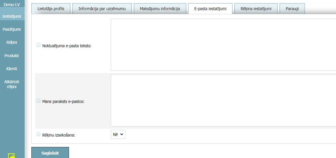 Lietotāja profils - E-pasta iestatījumi