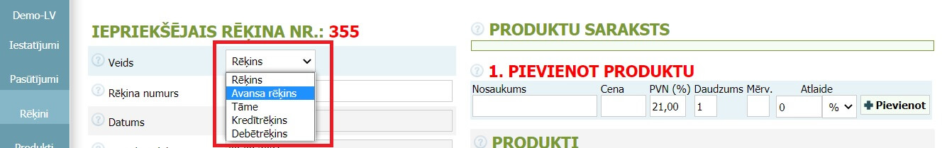 Kā izveidot avansa rēķinu