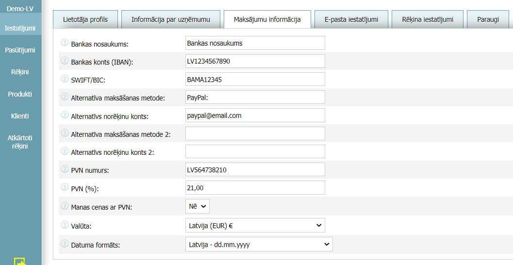 Lietotāja profils - Maksājumu informācija
