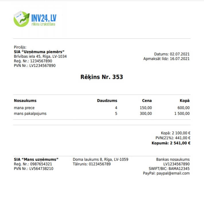 PDF rēķina piemērs: