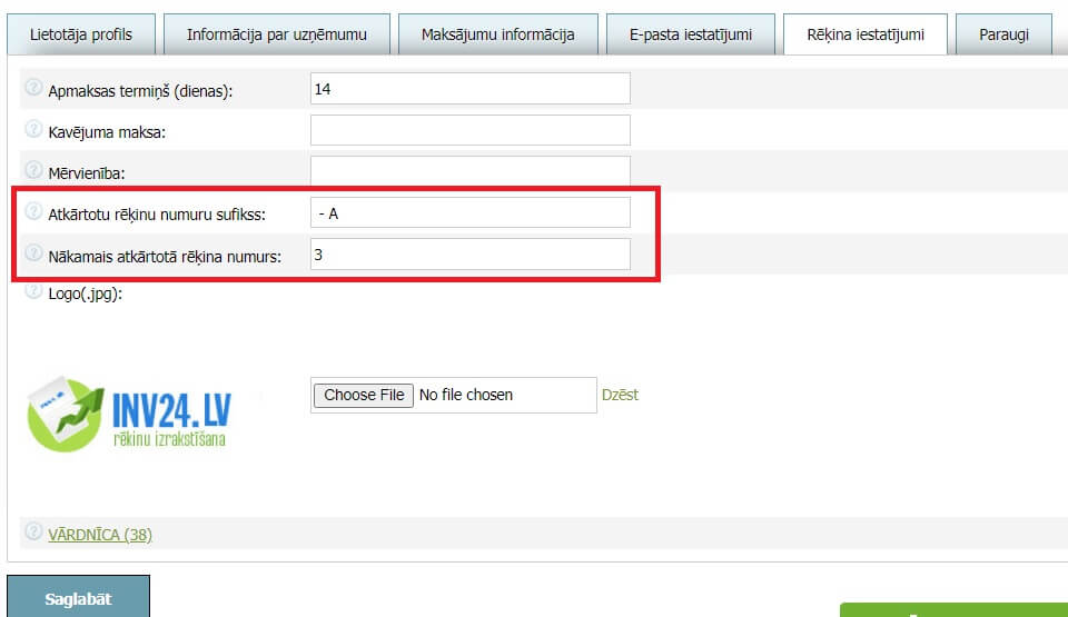 Rēķinu iestatījumos atkārtotajiem rēķiniem jūs varat iestatīt 2 parametrus: