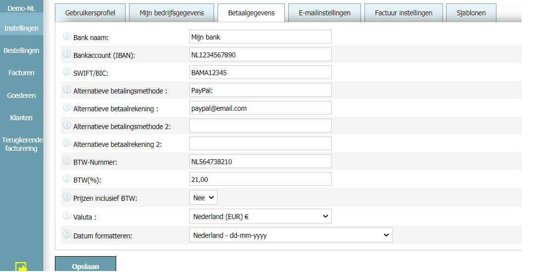 Gebruikersprofiel - Betaalgegevens