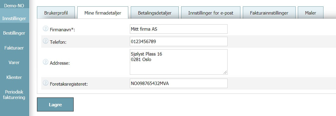 Brukerprofil - Mine firmadetaljer Brukerprofil - Mine firmadetaljer