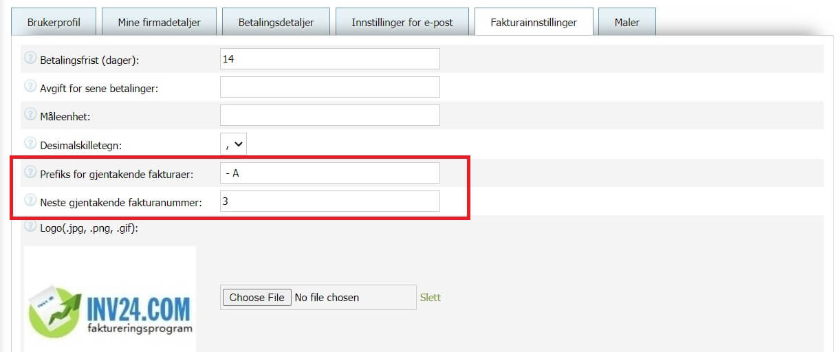 I fakturainnstillinger kan du angi 2 parametere for gjentakende fakturaer:
I fakturainnstillinger kan du angi 2 parametere for gjentakende fakturaer: