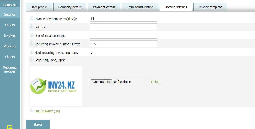Invoice settings Invoice settings