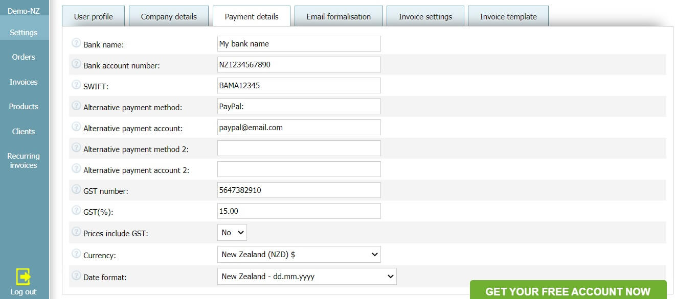 User profile - Payment details User profile - Payment details