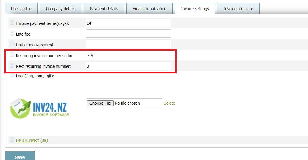 In invoice settings you can set 2 parameters for recurring invoices: In invoice settings you can set 2 parameters for recurring invoices: