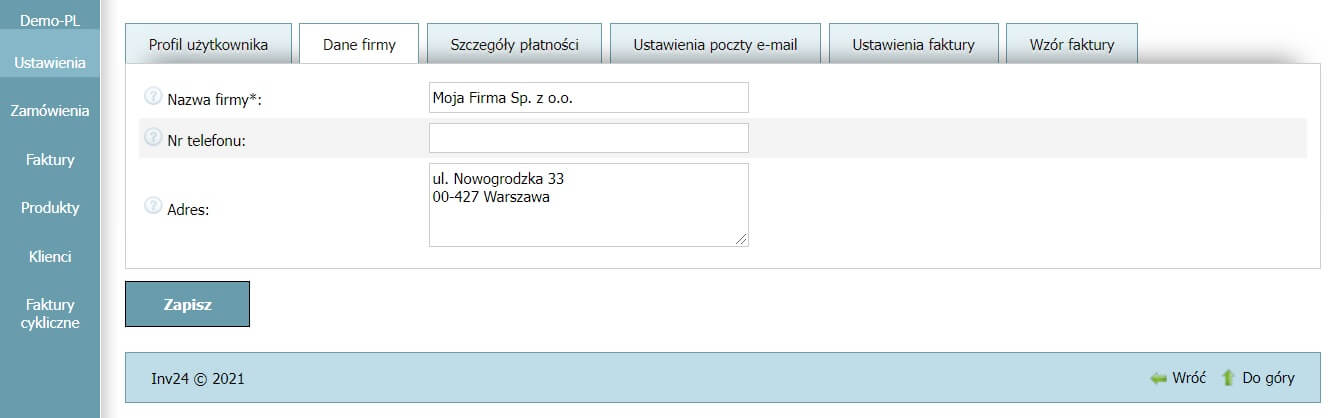 Profil użytkownika - Dane firmy Profil użytkownika - Dane firmy
