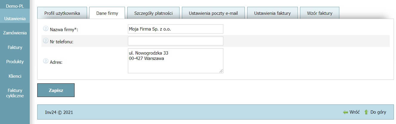 Profil użytkownika - Dane firmy