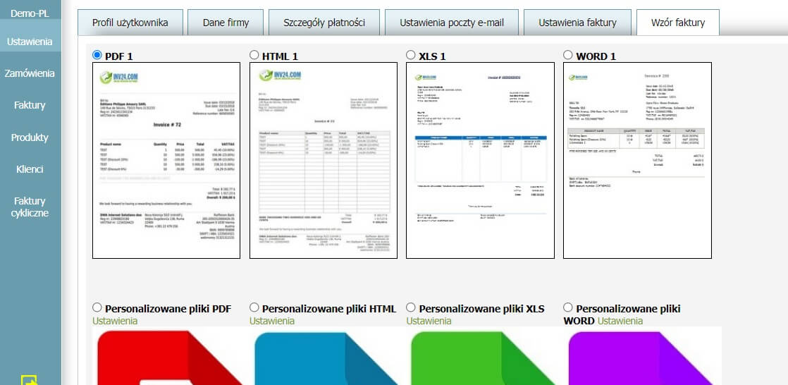 Profil użytkownika - Wzór faktury