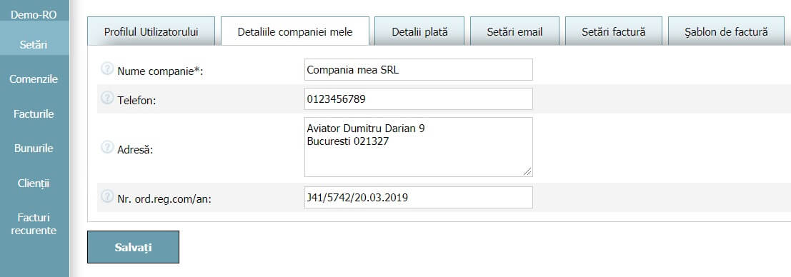 Profilul Utilizatorului - Detaliile companiei mele Profilul Utilizatorului - Detaliile companiei mele