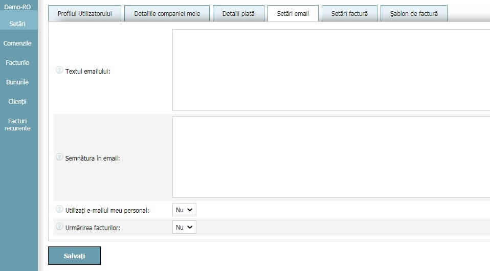 Profilul Utilizatorului - Setări email Profilul Utilizatorului - Setări email