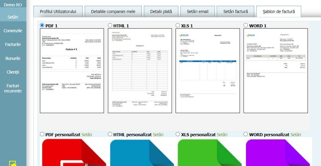 Profilul Utilizatorului - Şablon de factură