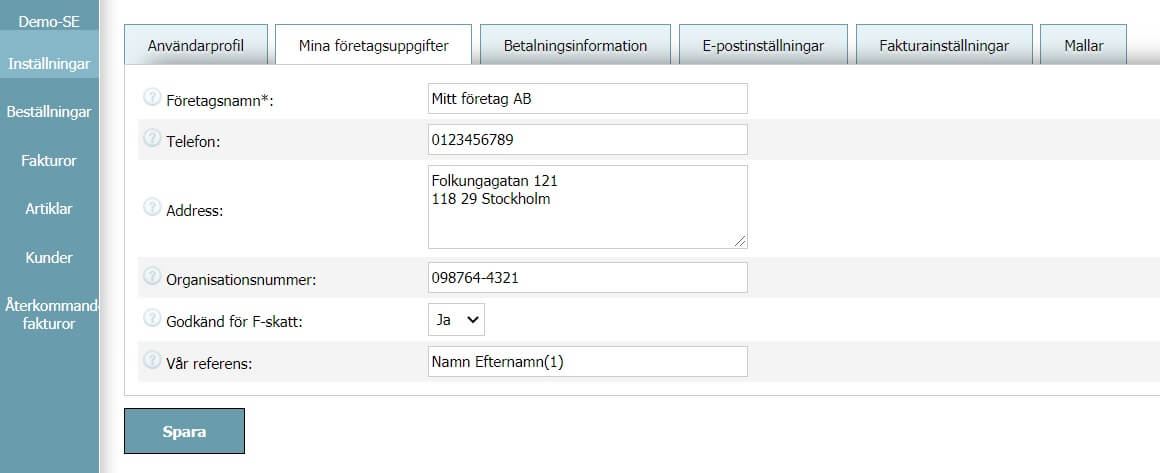 Användarprofil - Mina företagsuppgifter Användarprofil - Mina företagsuppgifter