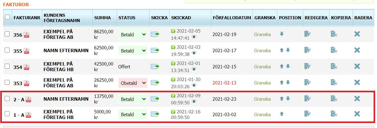 Återkommande fakturor Återkommande fakturor