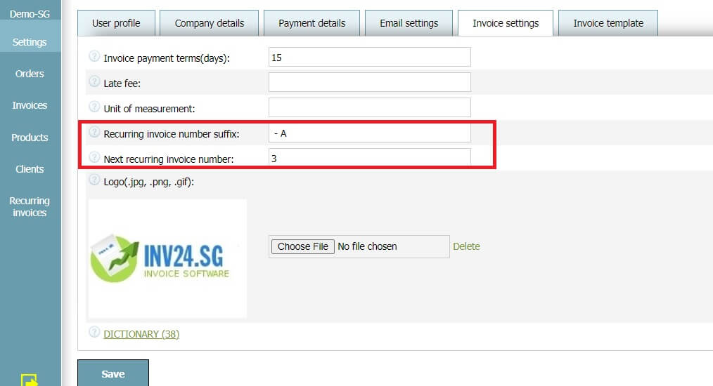 In invoice settings you can set 2 parameters for recurring invoices: