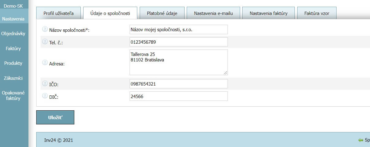 Profil používateľa - Údaje o spoločnosti