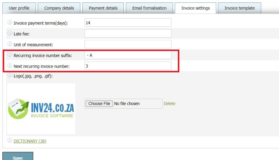 In invoice settings you can set 2 parameters for recurring invoices: In invoice settings you can set 2 parameters for recurring invoices: